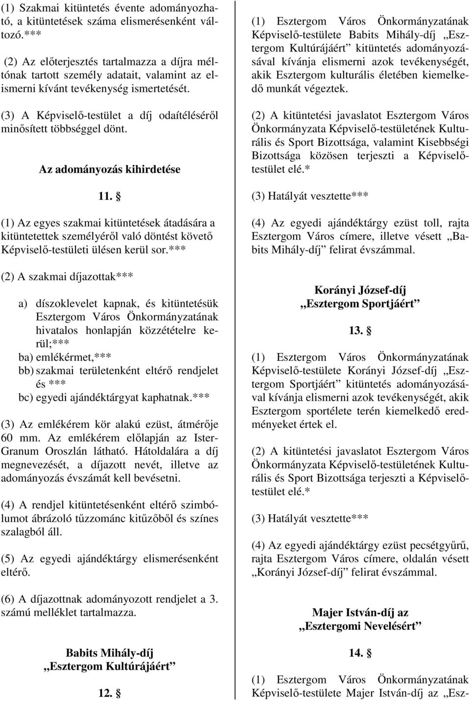 (3) A Képviselı-testület a díj odaítélésérıl minısített többséggel dönt. Az adományozás kihirdetése 11.