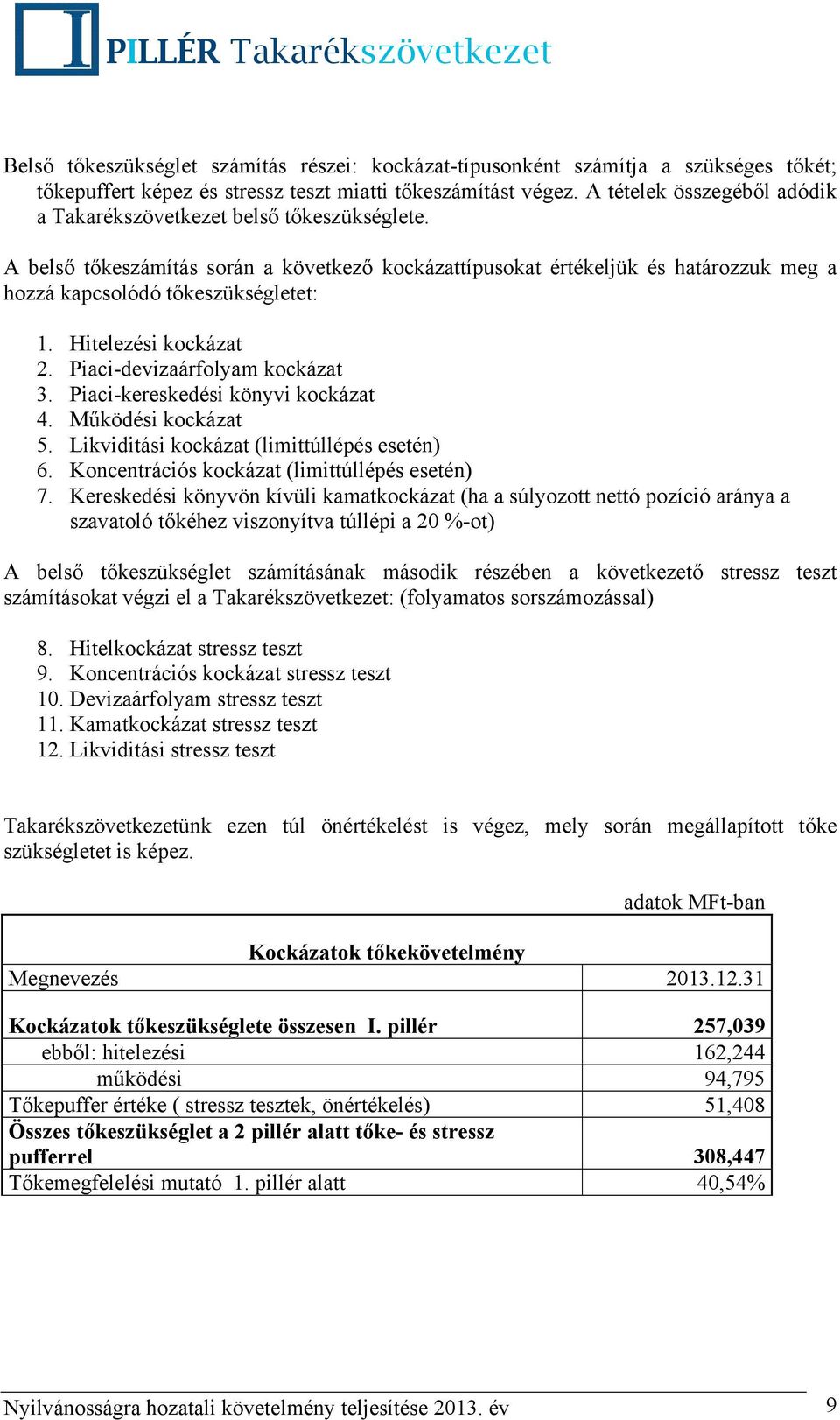 Hitelezési kockázat 2. Piaci-devizaárfolyam kockázat 3. Piaci-kereskedési könyvi kockázat 4. Működési kockázat 5. Likviditási kockázat (limittúllépés esetén) 6.