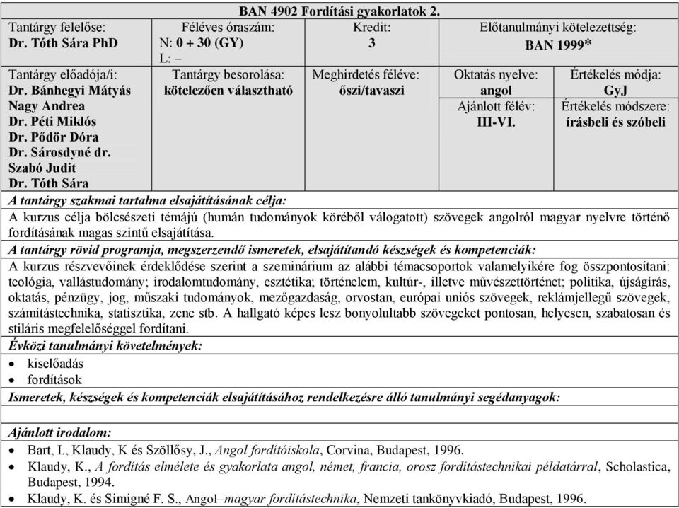 A kurzus részvevőinek érdeklődése szerint a szeminárium az alábbi témacsoportok valamelyikére fog összpontosítani: teológia, vallástudomány; irodalomtudomány, esztétika; történelem, kultúr-, illetve