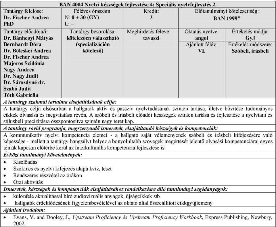 Szóbeli, írásbeli A tantárgy célja elsősorban a hallgatók aktív és passzív nyelvtudásának szinten tartása, illetve bővítése tudományos cikkek olvasása és megvitatása révén.