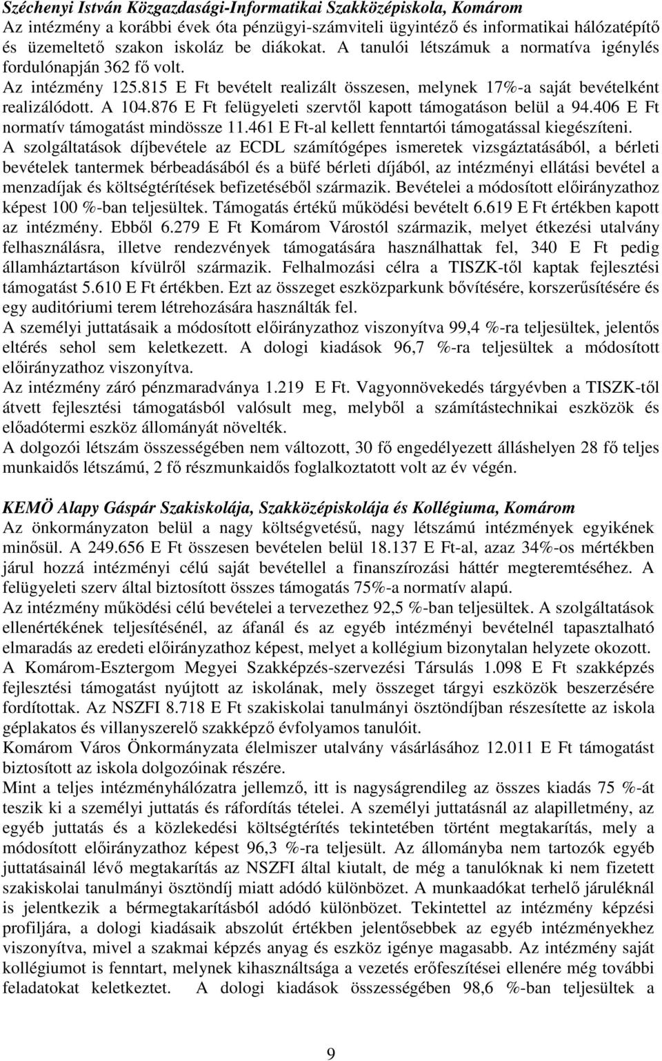 876 E Ft felügyeleti szervtől kapott támogatáson belül a 94.406 E Ft normatív támogatást mindössze 11.461 E Ft-al kellett fenntartói támogatással kiegészíteni.