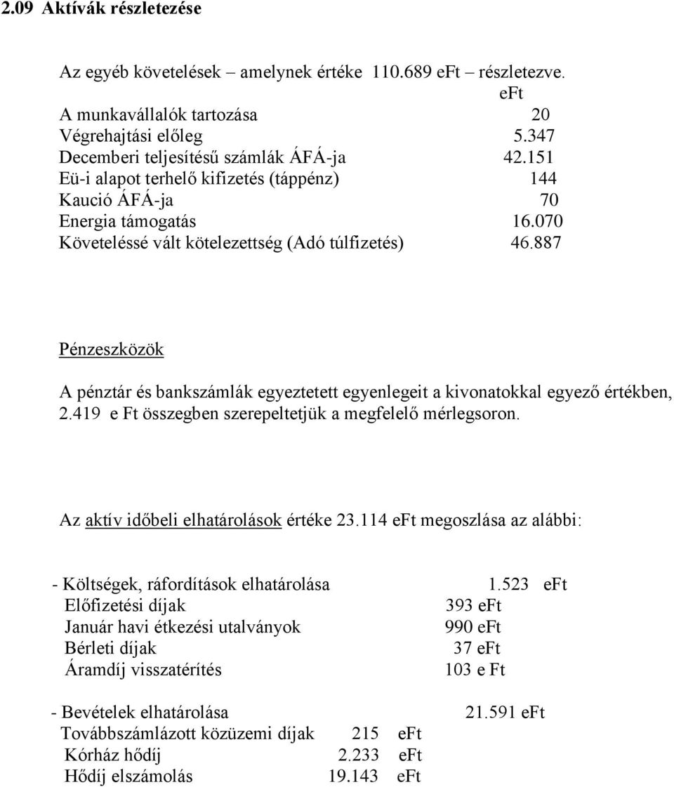 887 Pénzeszközök A pénztár és bankszámlák egyeztetett egyenlegeit a kivonatokkal egyező értékben, 2.419 e Ft összegben szerepeltetjük a megfelelő mérlegsoron. Az aktív időbeli elhatárolások értéke 23.