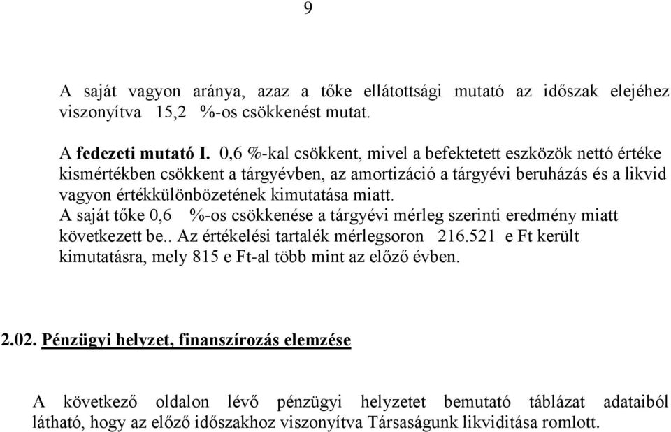 kimutatása miatt. A saját tőke 0,6 %-os csökkenése a tárgyévi mérleg szerinti eredmény miatt következett be.. Az értékelési tartalék mérlegsoron 216.