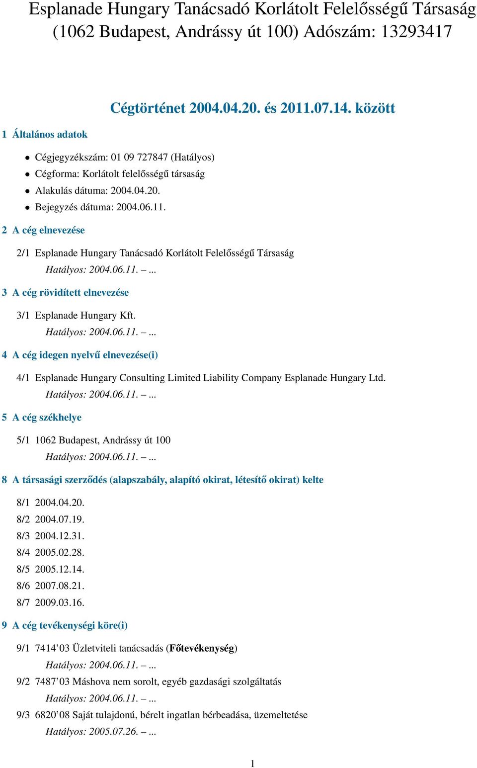 2 A cég elnevezése 2/1 Esplanade Hungary Tanácsadó Korlátolt Felelősségű Társaság 3 A cég rövidített elnevezése 3/1 Esplanade Hungary Kft.