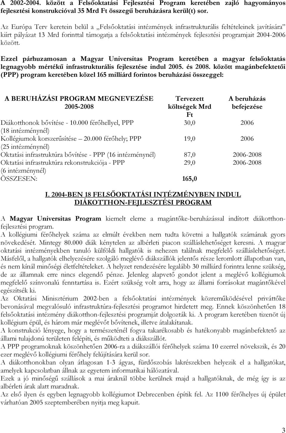 2004-2006 között. Ezzel párhuzamosan a Magyar Universitas Program keretében a magyar felsőoktatás legnagyobb mértékű infrastrukturális fejlesztése indul 2005. és 2008.