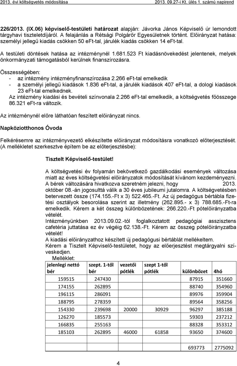 523 Ft kiadásnövekedést jelentenek, melyek önkormányzati támogatásból kerülnek finanszírozásra. Összességében: - az intézmény intézményfinanszírozása 2.