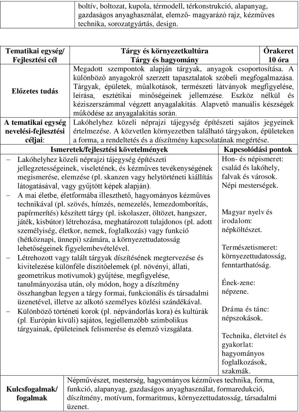 Tárgyak, épületek, műalkotások, természeti látványok megfigyelése, leírása, esztétikai minőségeinek jellemzése. Eszköz nélkül és kéziszerszámmal végzett anyagalakítás.