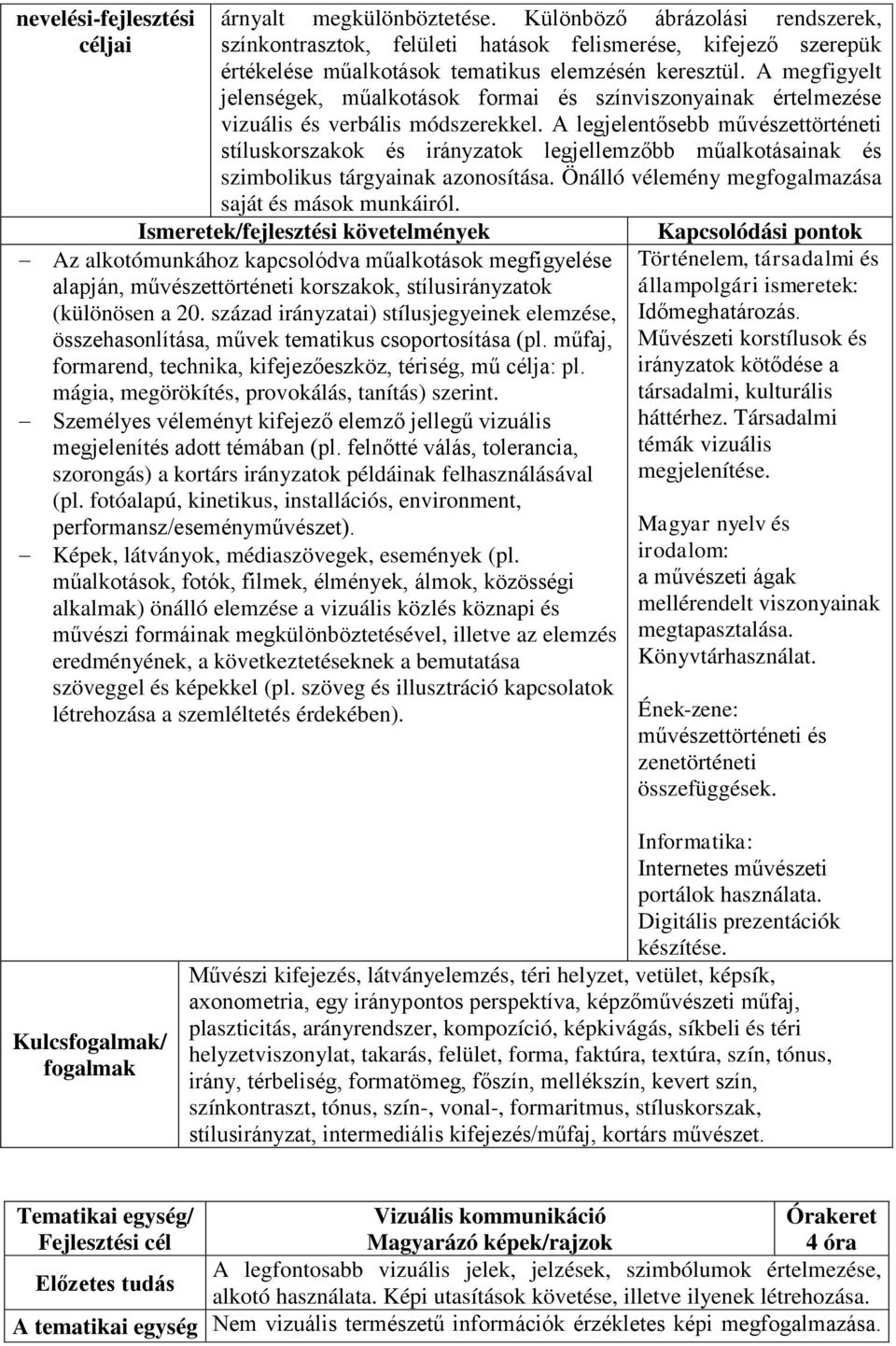 A legjelentősebb művészettörténeti stíluskorszakok és irányzatok legjellemzőbb műalkotásainak és szimbolikus tárgyainak azonosítása. Önálló vélemény megfogalmazása saját és mások munkáiról.