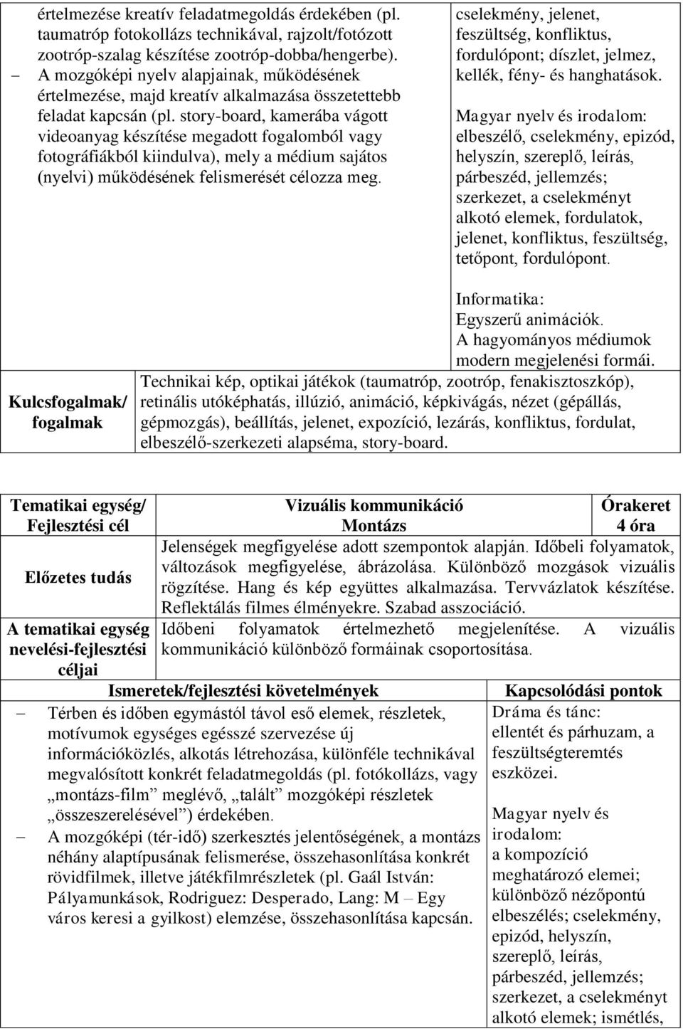 story-board, kamerába vágott videoanyag készítése megadott fogalomból vagy fotográfiákból kiindulva), mely a médium sajátos (nyelvi) működésének felismerését célozza meg.