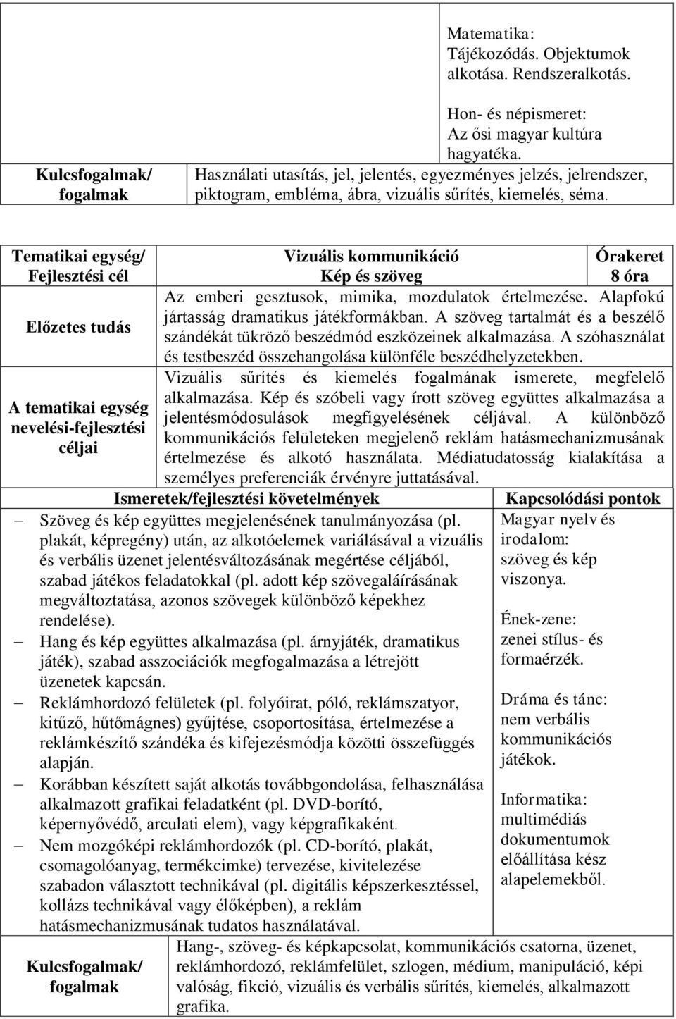 Vizuális kommunikáció Kép és szöveg 8 óra Az emberi gesztusok, mimika, mozdulatok értelmezése. Alapfokú jártasság dramatikus játékformákban.