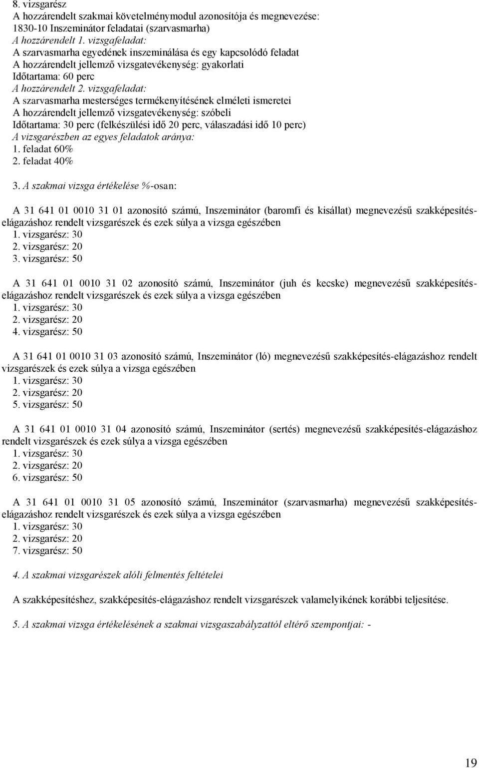 vizsgafeladat: A szarvasmarha mesterséges termékenyítésének elméleti ismeretei A hozzárendelt jellemző vizsgatevékenység: szóbeli Időtartama: 30 perc (felkészülési idő 20 perc, válaszadási idő 10