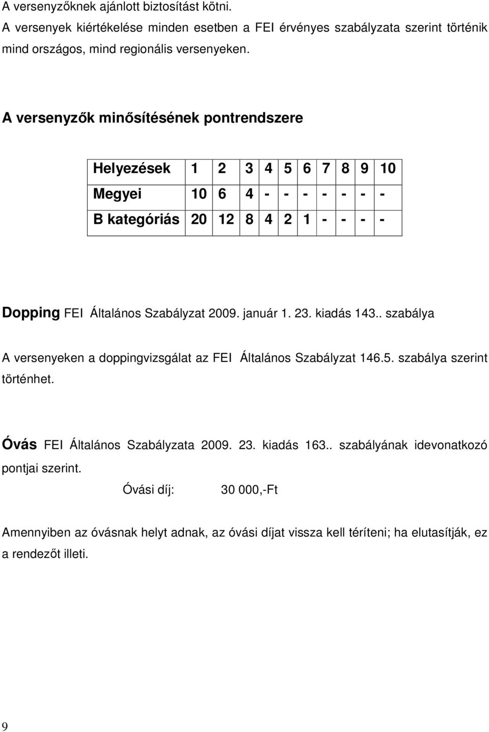 január 1. 23. kiadás 143.. szabálya A versenyeken a doppingvizsgálat az FEI Általános Szabályzat 146.5. szabálya szerint történhet. Óvás FEI Általános Szabályzata 2009. 23. kiadás 163.