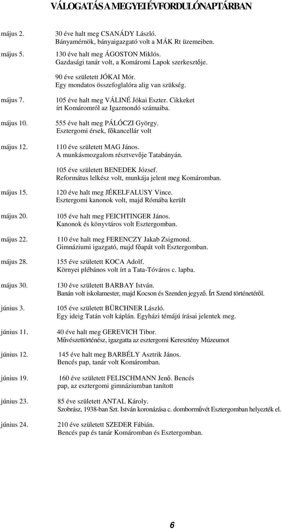 Cikkeket írt Komáromról az Igazmondó számaiba. 555 éve halt meg PÁLÓCZI György. Esztergomi érsek, fkancellár volt 110 éve született MAG János. A munkásmozgalom résztvevje Tatabányán.