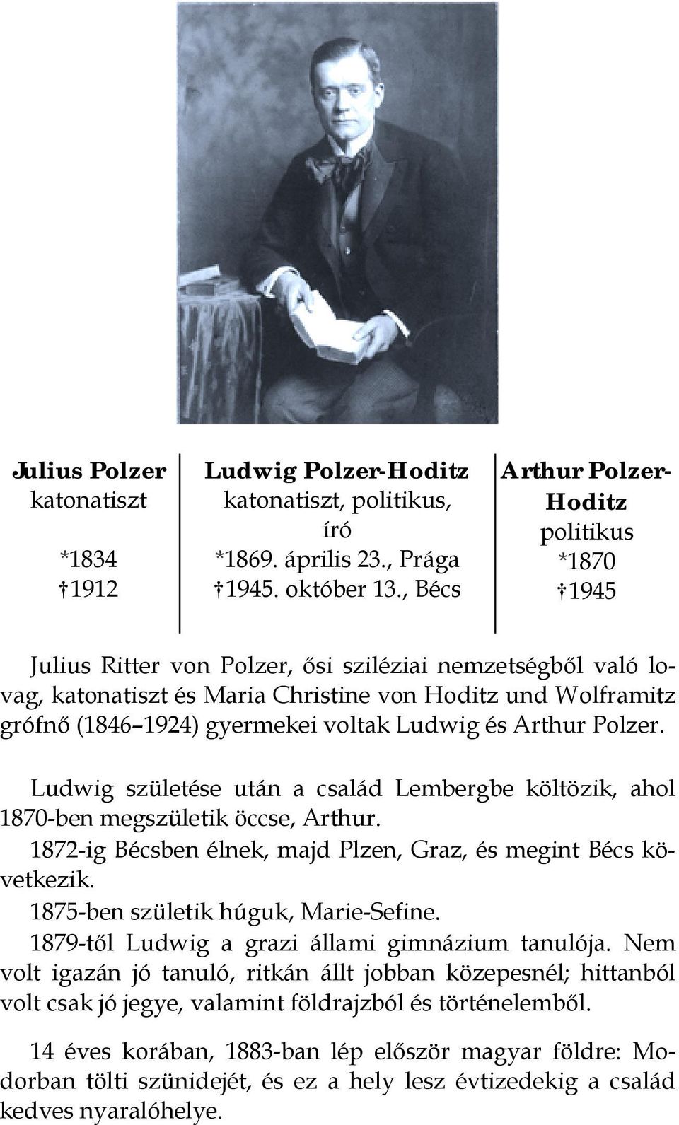 gyermekei voltak Ludwig és Arthur Polzer. Ludwig születése után a család Lembergbe költözik, ahol 1870-ben megszületik öccse, Arthur.