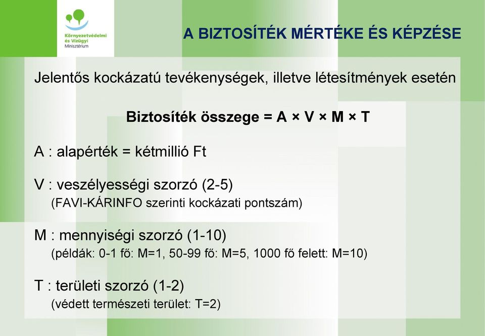 (2-5) (FAVI-KÁRINFO szerinti kockázati pontszám) M : mennyiségi szorzó (1-10) (példák: 0-1