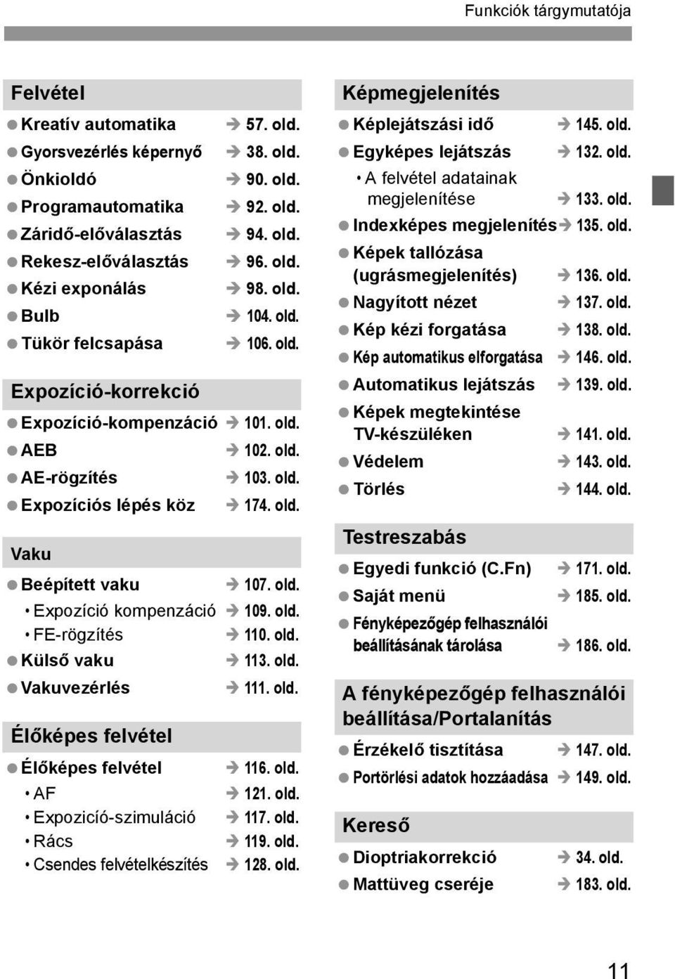 old. FE-rögzítés 110. old. Külső vau Vauvezérlés Élőépes felvétel Élőépes felvétel AF Expozicíó-szimuláció Rács Csendes felvételészítés 113. old. 111. old. 116. old. 121. old. 117. old. 119. old. 128.