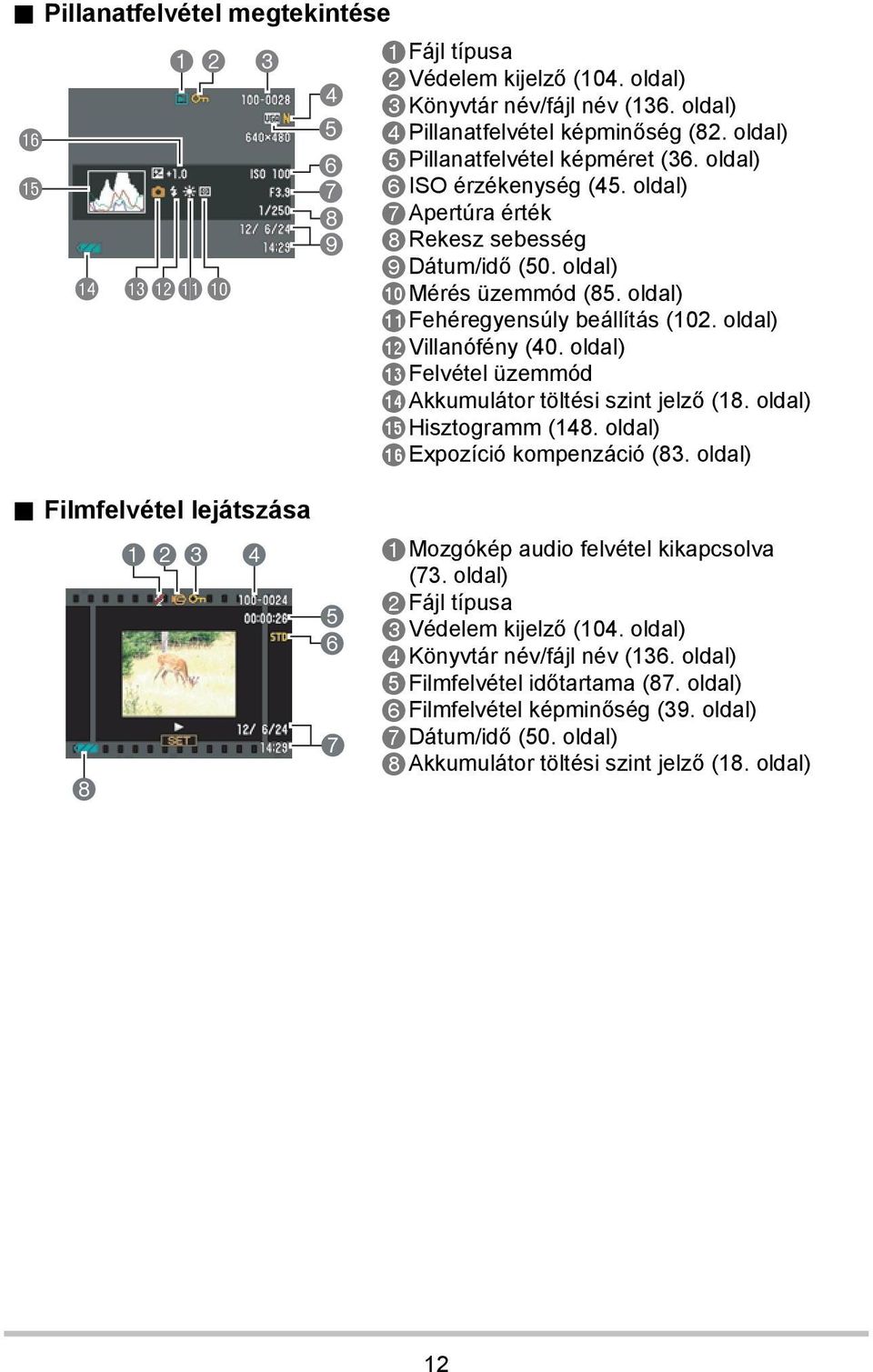 oldal) bmvillanófény (40. oldal) bnfelvétel üzemmód boakkumulátor töltési szint jelző (18. oldal) bphisztogramm (148. oldal) bqexpozíció kompenzáció (83. oldal). Filmfelvétel lejátszása 8 123 4 5 6 7 1Mozgókép audio felvétel kikapcsolva (73.