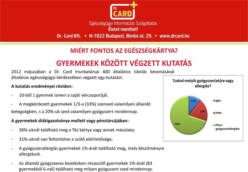 - A megkérdezett gyermekek 1/3-a (33%) szenved valamilyen állandó betegségben, s a 20%-uk szed valamilyen gyógyszert mindennap.