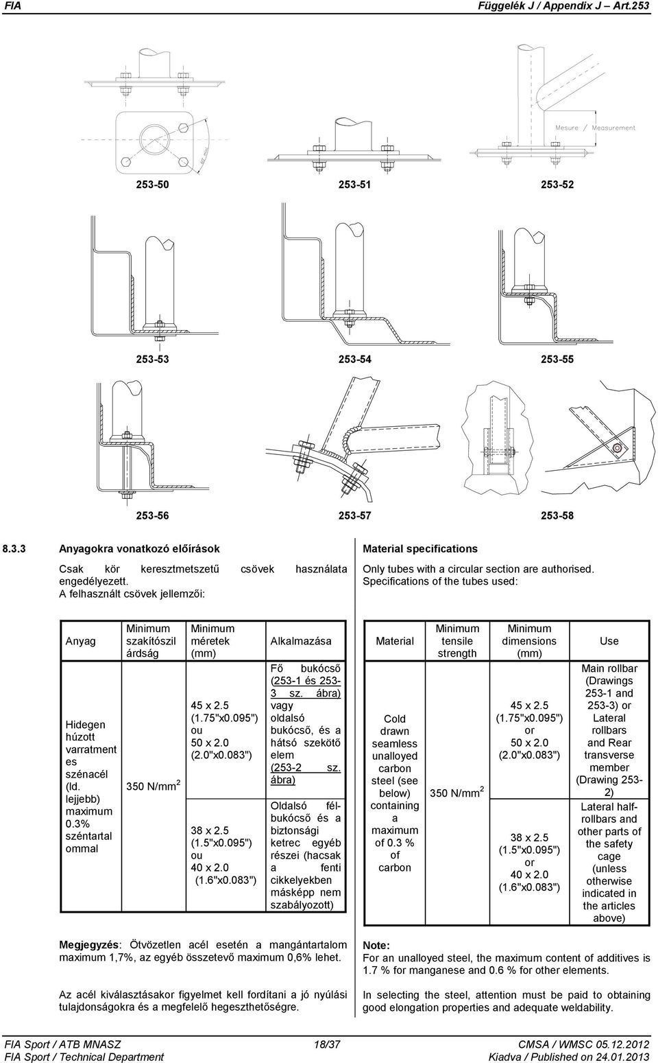 3% széntartal ommal Minimum szakítószil árdság 350 N/mm 2 Minimum méretek (mm) 45 x 2.5 (1.75"x0.095") ou 50 x 2.0 (2.0"x0.083") 38 x 2.5 (1.5"x0.095") ou 40 x 2.0 (1.6"x0.