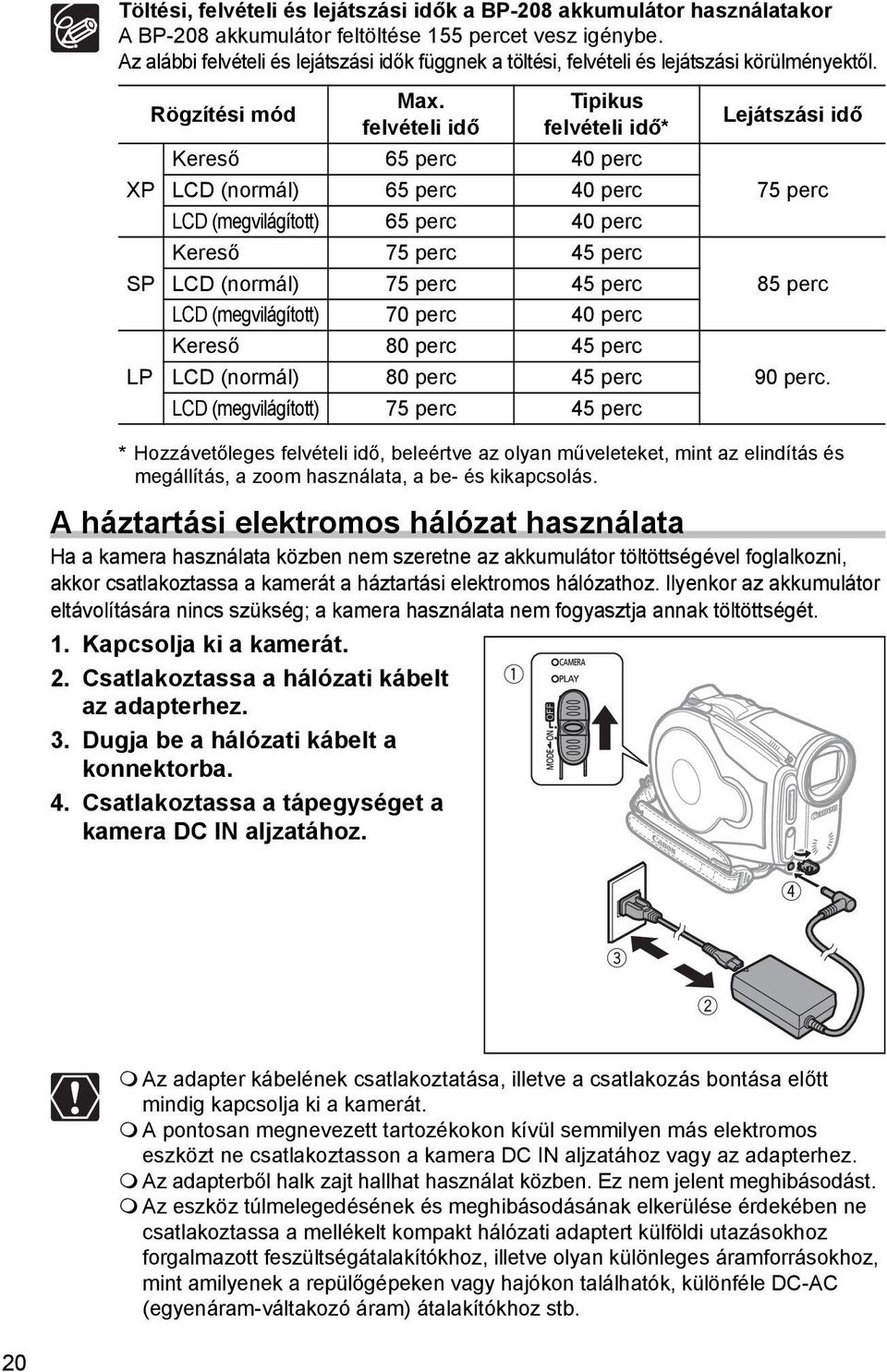 felvételi idő Tipikus felvételi idő* Kereső 65 perc 40 perc XP LCD (normál) 65 perc 40 perc LCD (megvilágított) 65 perc 40 perc Kereső 75 perc 45 perc SP LCD (normál) 75 perc 45 perc LCD