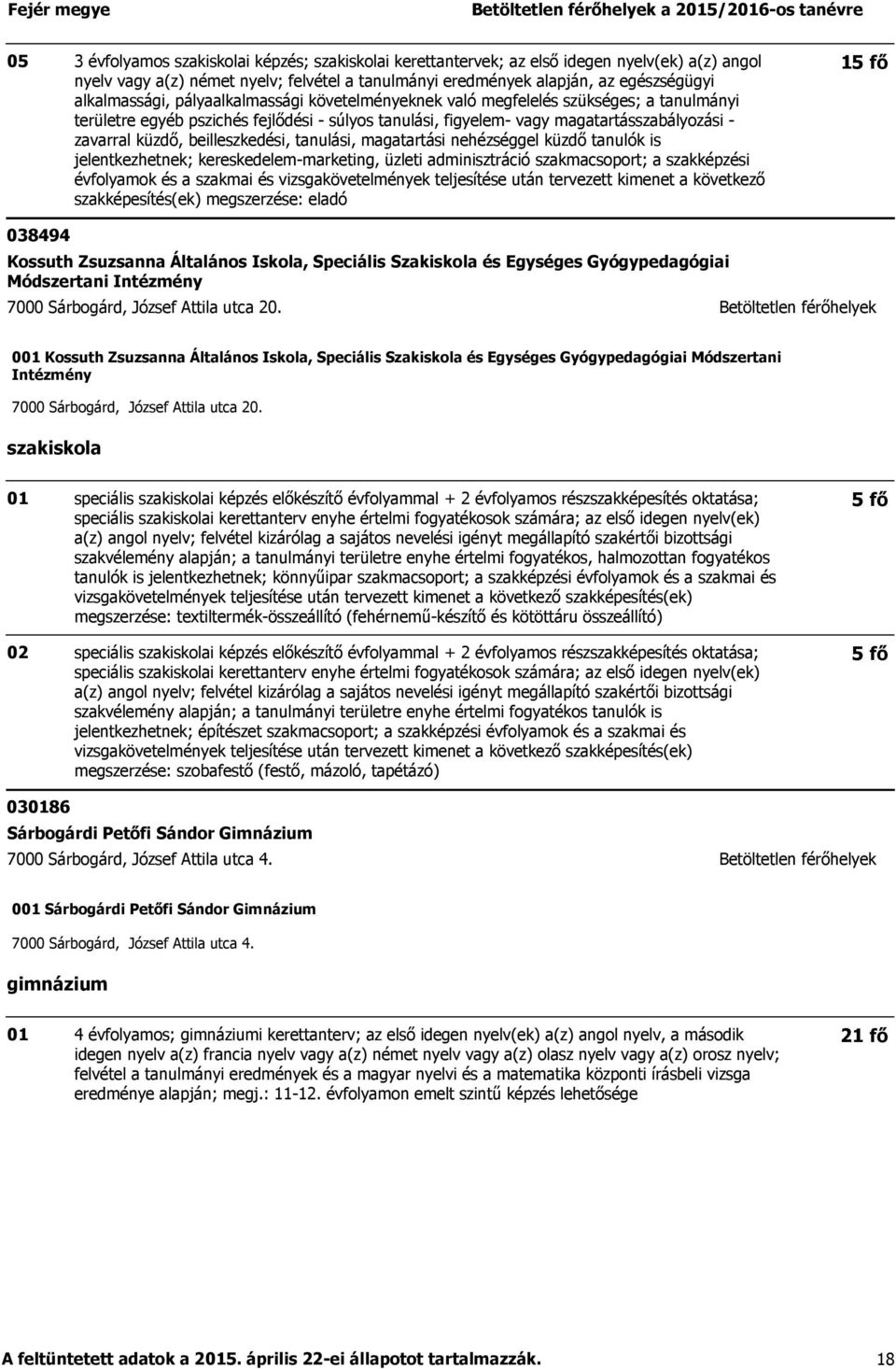 20. 0 Kossuth Zsuzsanna Általános Iskola, Speciális Szakiskola és Egységes Gyógypedagógiai Módszertani Intézmény 7000 Sárbogárd, József Attila utca 20.