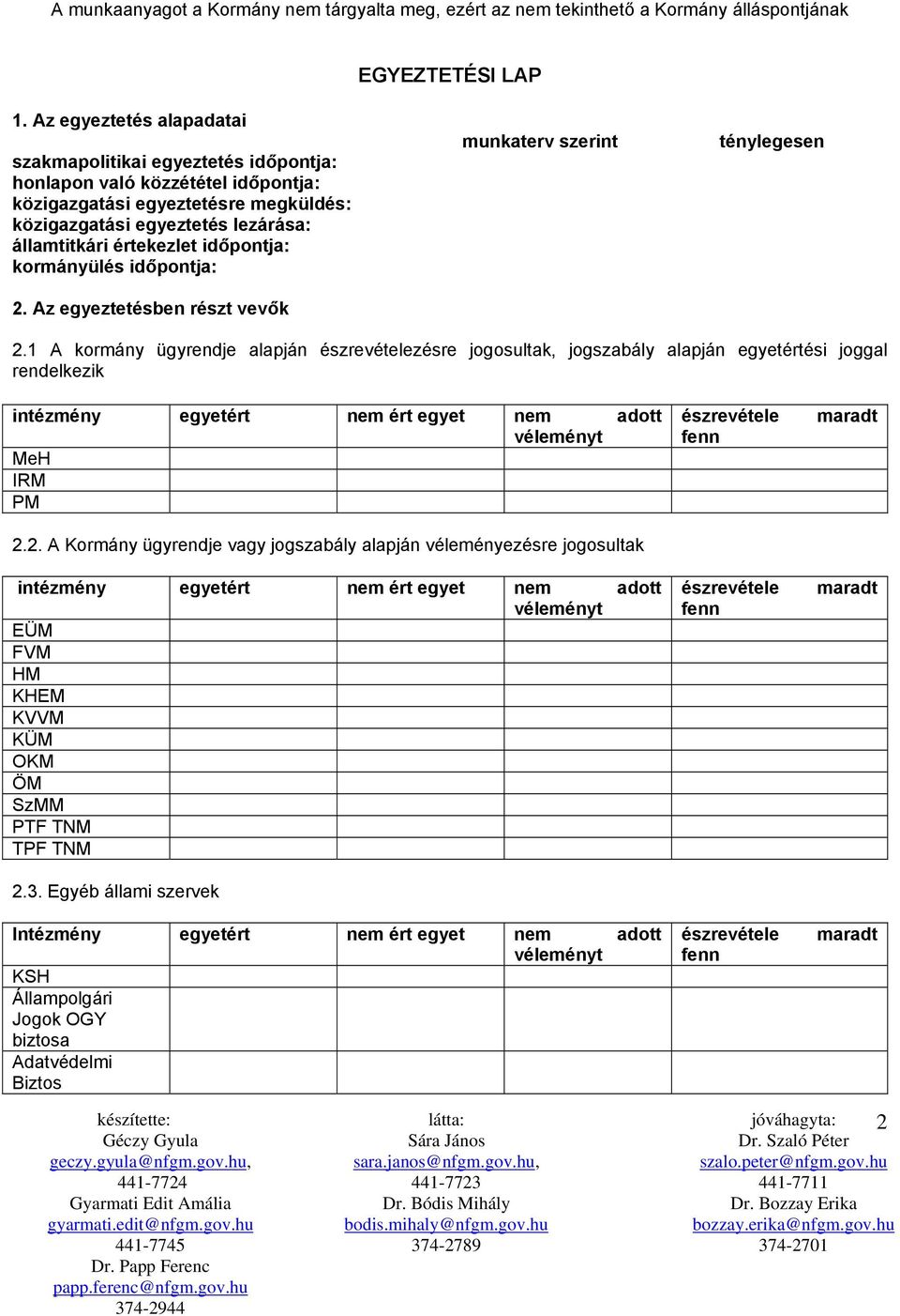 időpontja: kormányülés időpontja: 2. Az egyeztetésben részt vevők munkaterv szerint ténylegesen 2.