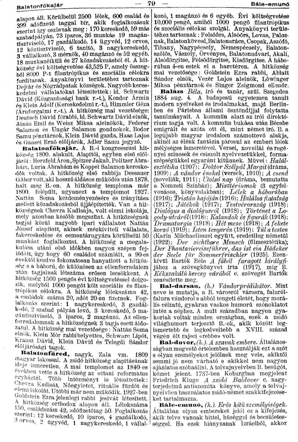 14 ügyvéd, 12 orvos, 12 köztisztviselő, 6 tanító, 3 nagykereskedő, 3 vállalkozó, 3 mérnök, 40 magánzó és 52 egyéb. 18 munkanélküli ós 27 közadakozásból él.