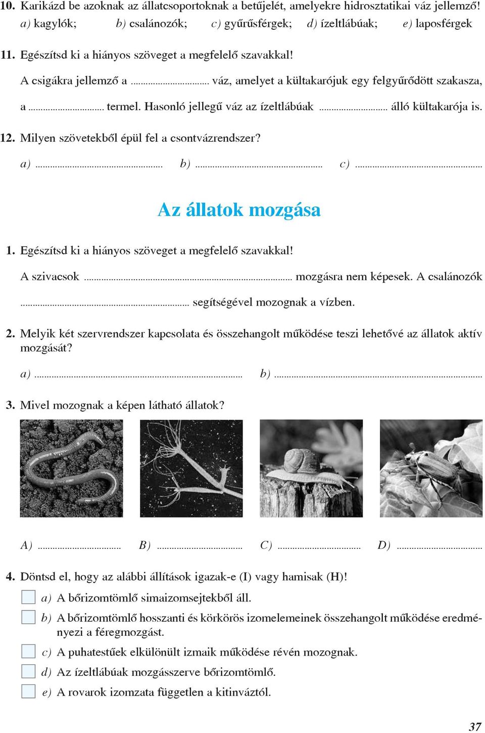 .. álló kültakarója is. 12. Milyen szövetekbõl épül fel a csontvázrendszer? a)... b)... c)... Az állatok mozgása 1. Egészítsd ki a hiányos szöveget a megfelelõ szavakkal! A szivacsok.