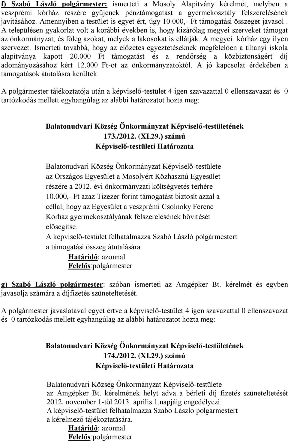 A településen gyakorlat volt a korábbi években is, hogy kizárólag megyei szerveket támogat az önkormányzat, és főleg azokat, melyek a lakosokat is ellátják. A megyei kórház egy ilyen szervezet.