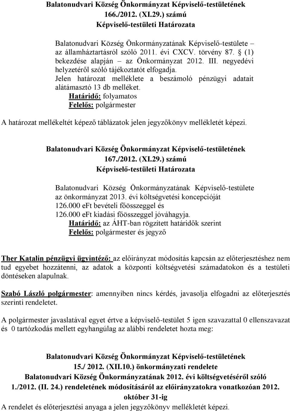 Határidő: folyamatos Felelős: polgármester A határozat mellékeltét képező táblázatok jelen jegyzőkönyv mellékletét képezi. 167./2012. (XI.29.