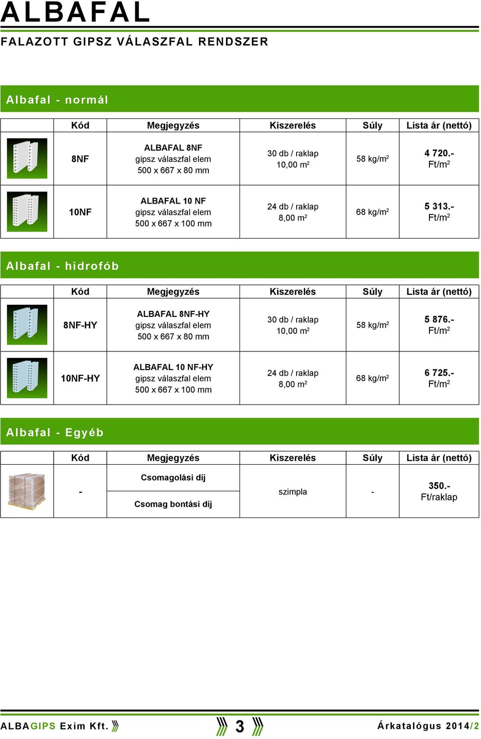 Abafa hidrofób 8NFHY ALBAFAL 8NFHY gipsz váaszfa eem 500 x 667 x 80 mm 30 db / raap 10,00 m 2 58 g/m 2 5 876.