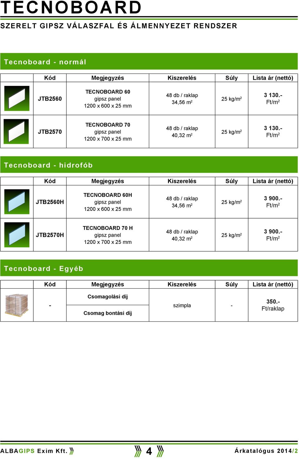 Tecnoboard hidrofób JTB2560H TECNOBOARD 60H gipsz pane 1200 x 600 x 25 mm 34,56 m 2 25 g/m 2 3 900.