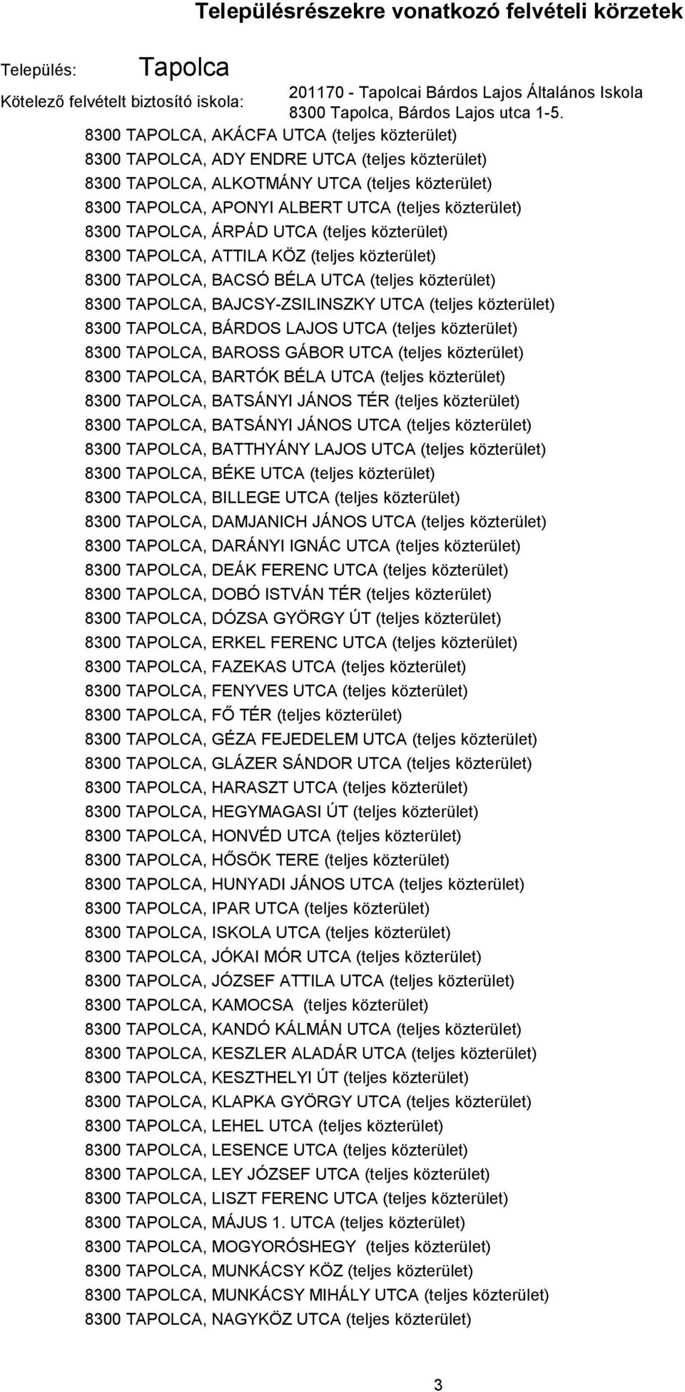 8300 TAPOLCA, ÁRPÁD UTCA (teljes közterület) 8300 TAPOLCA, ATTILA KÖZ (teljes közterület) 8300 TAPOLCA, BACSÓ BÉLA UTCA (teljes közterület) 8300 TAPOLCA, BAJCSY-ZSILINSZKY UTCA (teljes közterület)