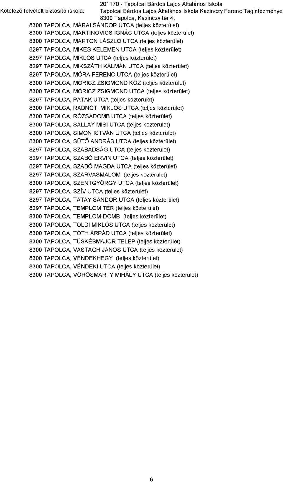 (teljes közterület) 8297 TAPOLCA, MIKLÓS UTCA (teljes közterület) 8297 TAPOLCA, MIKSZÁTH KÁLMÁN UTCA (teljes közterület) 8297 TAPOLCA, MÓRA FERENC UTCA (teljes közterület) 8300 TAPOLCA, MÓRICZ