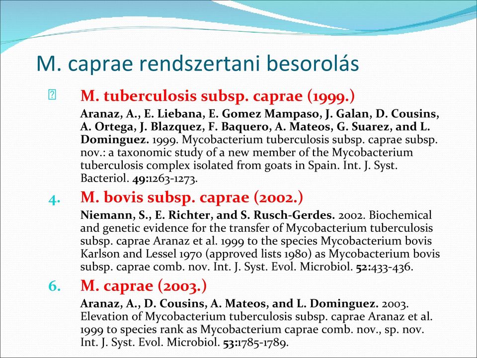 Bacteriol. 49:1263-1273. 4. M. bovis subsp. caprae (2002.) Niemann, S., E. Richter, and S. Rusch-Gerdes. 2002. Biochemical and genetic evidence for the transfer of Mycobacterium tuberculosis subsp.