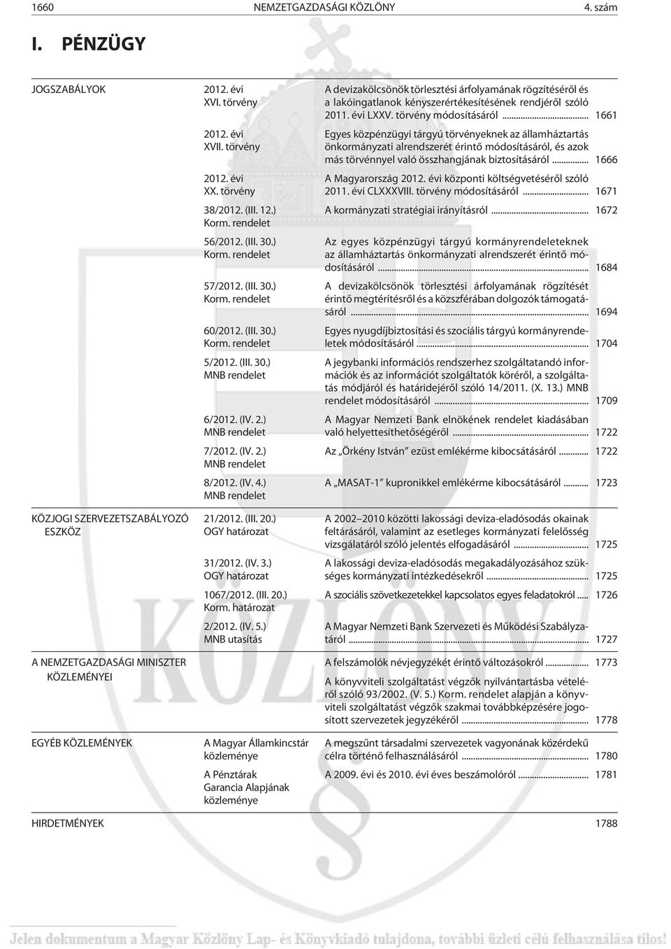 (IV. 4.) MNB rendelet 21/2012. (III. 20.) OGY határozat 31/2012. (IV. 3.) OGY határozat 1067/2012. (III. 20.) Korm. határozat 2/2012. (IV. 5.