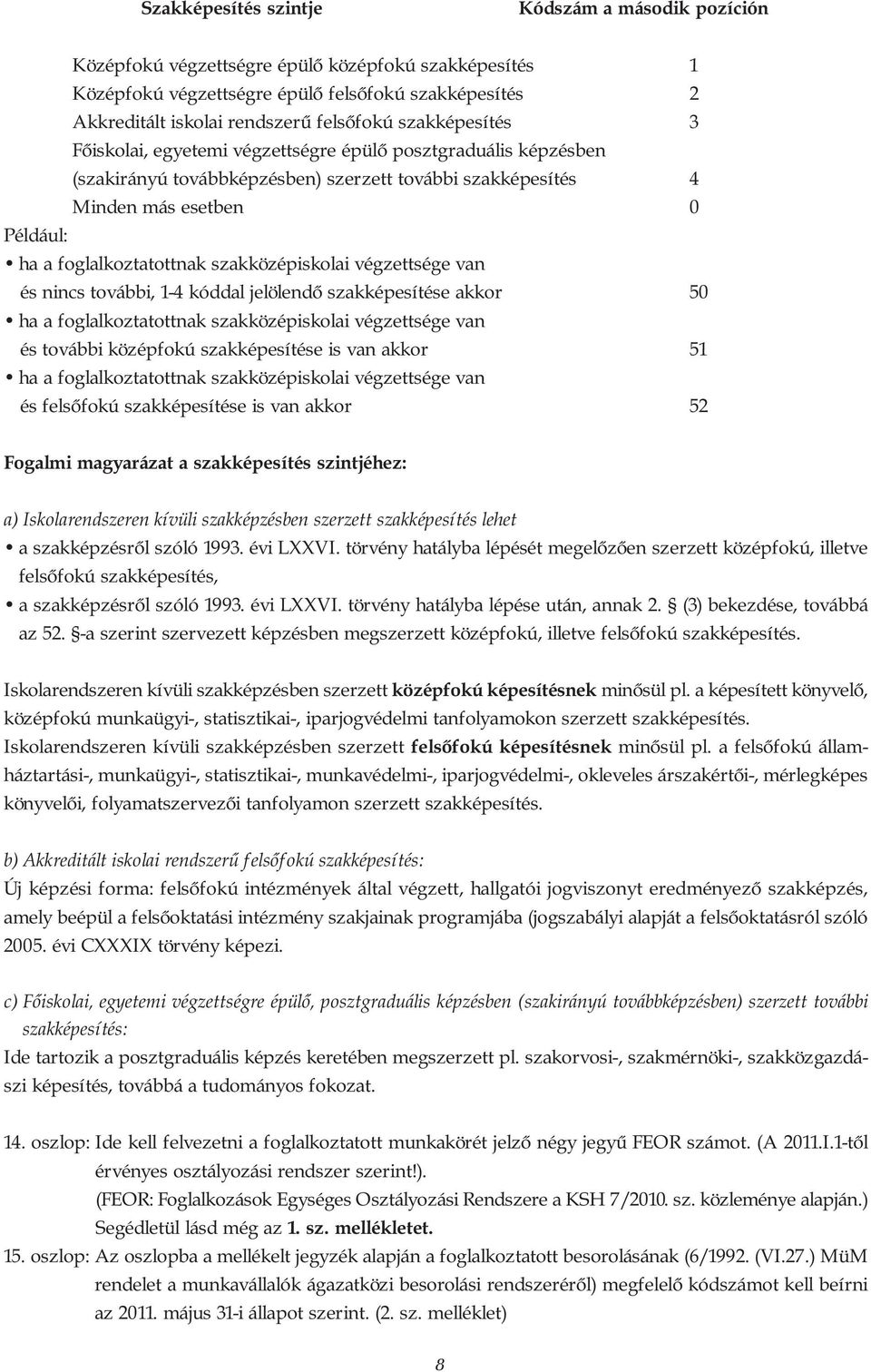 szakközépiskolai végzettsége van és nincs további, 1-4 kóddal jelölendő szakképesítése akkor 50 ha a foglalkoztatottnak szakközépiskolai végzettsége van és további középfokú szakképesítése is van