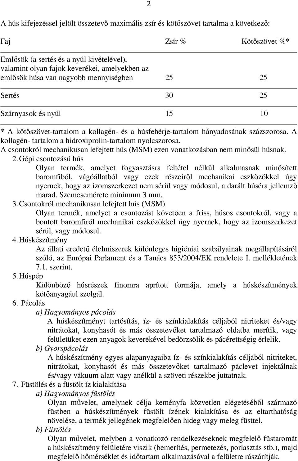 A kollagén- tartalom a hidroxiprolin-tartalom nyolcszorosa. A csontokról mechanikusan lefejtett hús (MSM) ezen vonatkozásban nem minősül húsnak. 2.