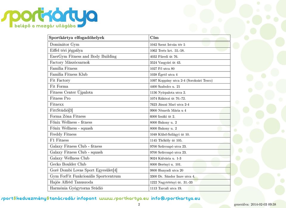 Fitnexx 7623 Jászai Mari utca 2-4 FittStúdió[3] 9900 Németh Mária u 4 Forma Zóna Fitness 6000 Izsáki út 2. F nix Wellness - tness 8000 Bakony u. 2 F nix Wellness - squash 8000 Bakony u.