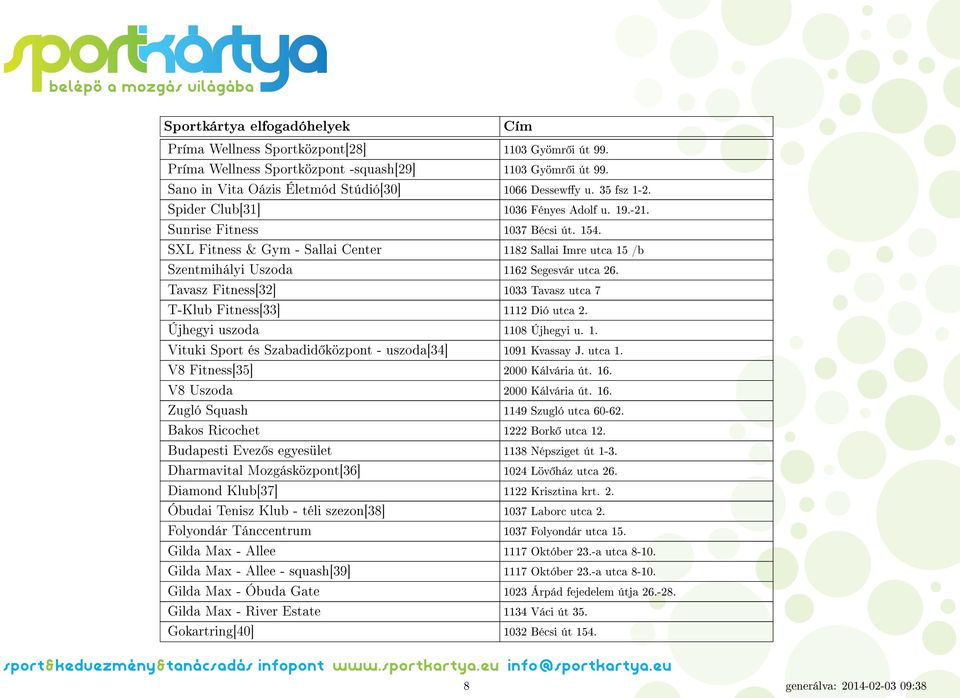 Tavasz Fitness[32] 1033 Tavasz utca 7 T-Klub Fitness[33] 1112 Dió utca 2. Újhegyi uszoda 1108 Újhegyi u. 1. Vituki Sport és Szabadid központ - uszoda[34] 1091 Kvassay J. utca 1.