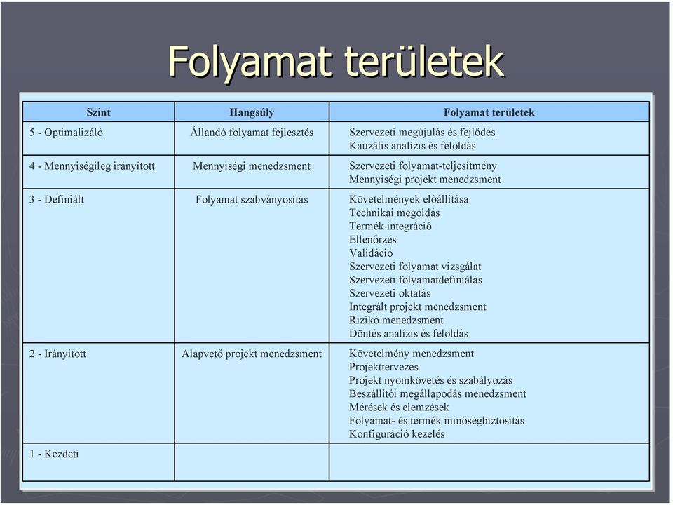 megoldás Termék integráció Ellenőrzés Validáció Szervezeti folyamat vizsgálat Szervezeti folyamatdefiniálás Szervezeti oktatás Integrált projekt menedzsment Rizikó menedzsment Döntés analízis és