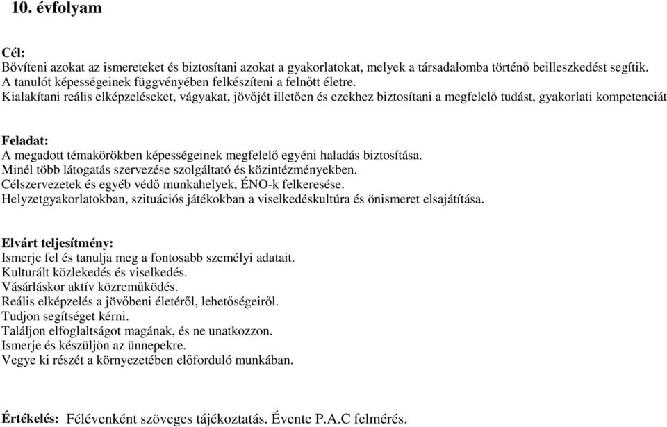 Kialakítani reális elképzeléseket, vágyakat, jövıjét illetıen és ezekhez biztosítani a megfelelı tudást, gyakorlati kompetenciát Feladat: A megadott témakörökben képességeinek megfelelı egyéni