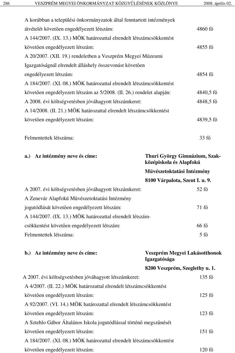 ) rendeletben a Veszprém Megyei Múzeumi Igazgatóságnál elrendelt álláshely összevonást követően engedélyezett létszám: A 184/2007. (XI. 08.