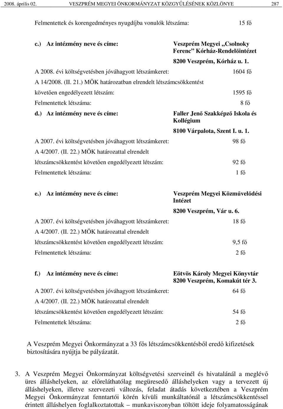 ) Az intézmény neve és címe: A 2007. évi költségvetésben jóváhagyott létszámkeret: A 4/2007. (II. 22.