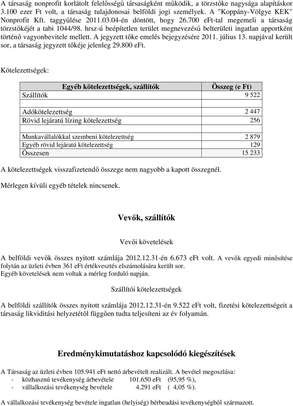 hrsz-ú beépítetlen terület megnevezésű belterületi ingatlan apportként történő vagyonbevitele mellett. A jegyzett tőke emelés bejegyzésére 2011. július 13.