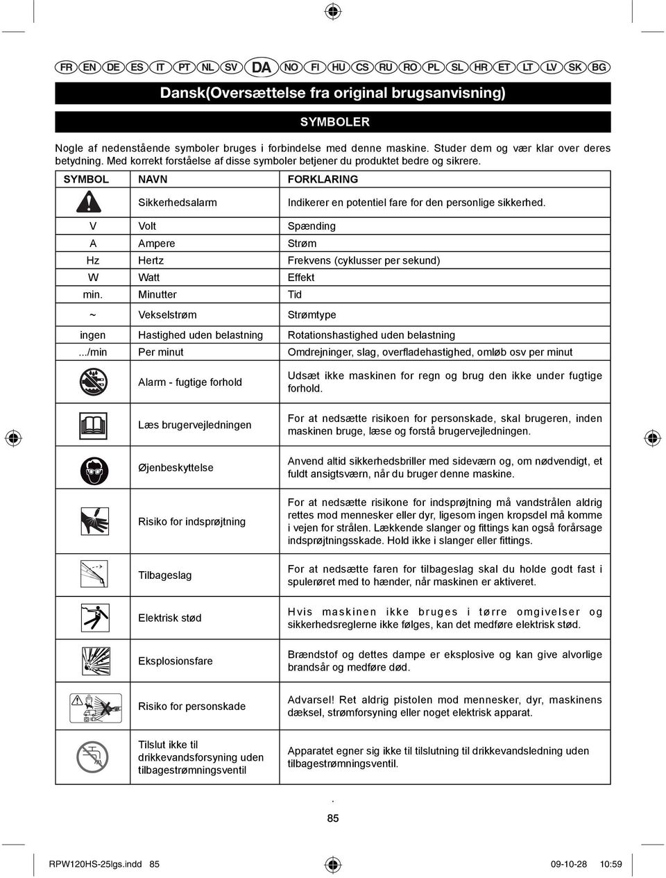 V Volt Spænding A Ampere Strøm Hz Hertz Frekvens (cyklusser per sekund) W Watt Effekt min. Minutter Tid ~ Vekselstrøm Strømtype ingen Hastighed uden belastning Rotationshastighed uden belastning.