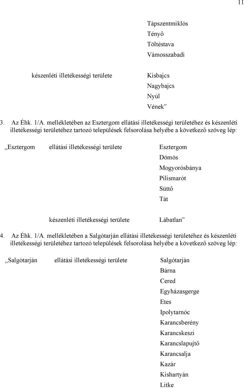 illetékességi területe Esztergom Dömös Mogyorósbánya Pilismarót Süttő Tát készenléti illetékességi területe Lábatlan 4. Az Éhk. 1/A.