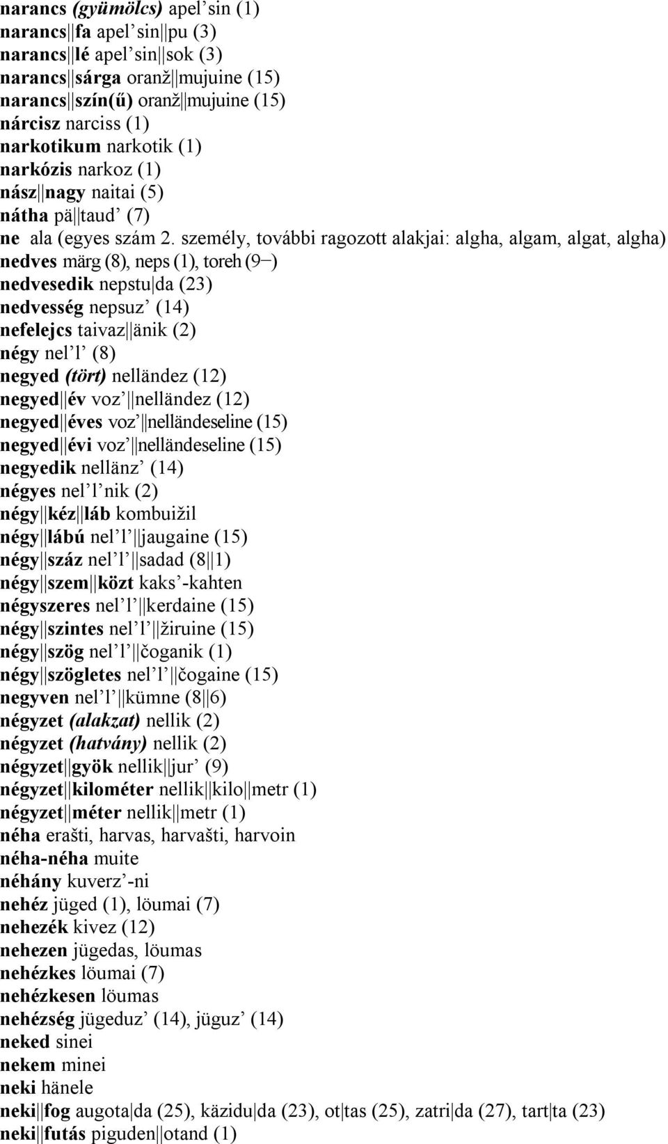 személy, további ragozott alakjai: algha, algam, algat, algha) nedves märg (8), neps (1), toreh (9 ) nedvesedik nepstu da (23) nedvesség nepsuz (14) nefelejcs taivaz änik (2) négy nel l (8) negyed