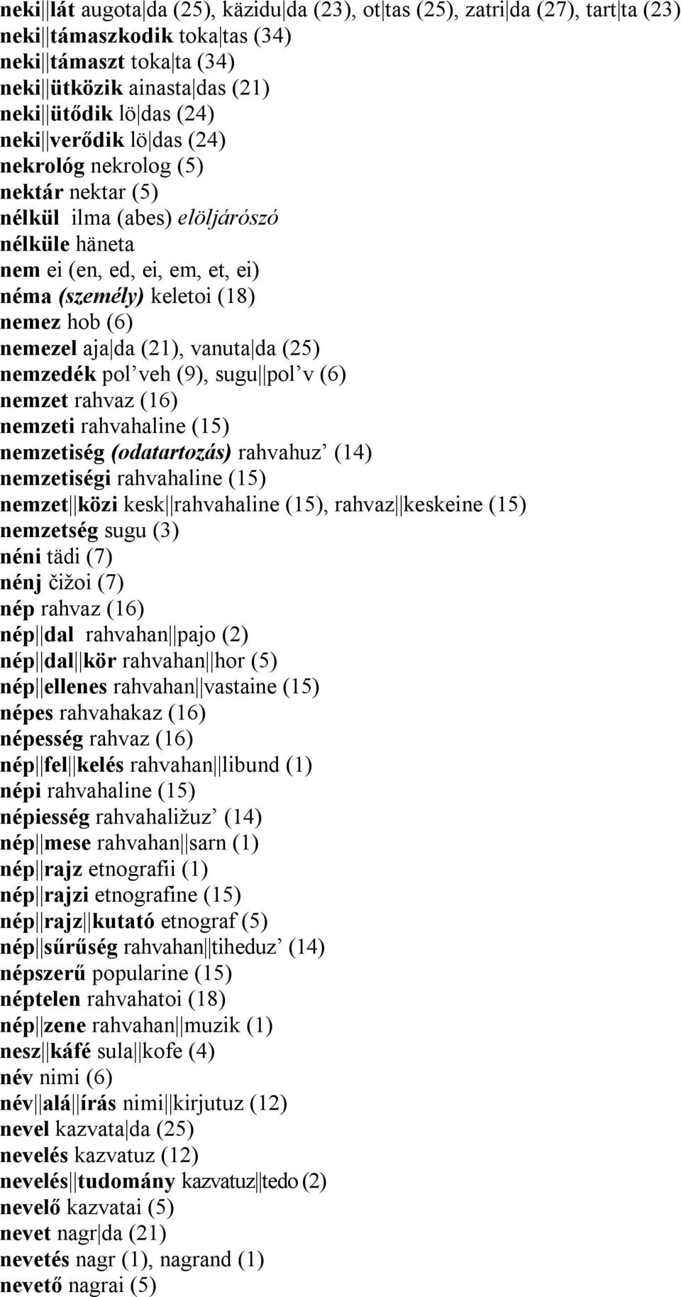 (21), vanuta da (25) nemzedék pol veh (9), sugu pol v (6) nemzet rahvaz (16) nemzeti rahvahaline (15) nemzetiség (odatartozás) rahvahuz (14) nemzetiségi rahvahaline (15) nemzet közi kesk rahvahaline