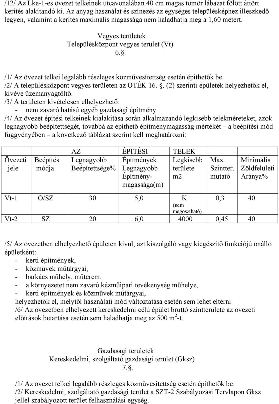 Vegyes területek Településközpont vegyes terület (Vt) 6.. /1/ Az övezet telkei legalább részleges közművesítettség esetén építhetők be. /2/ A településközpont vegyes területen az OTÉK 16.